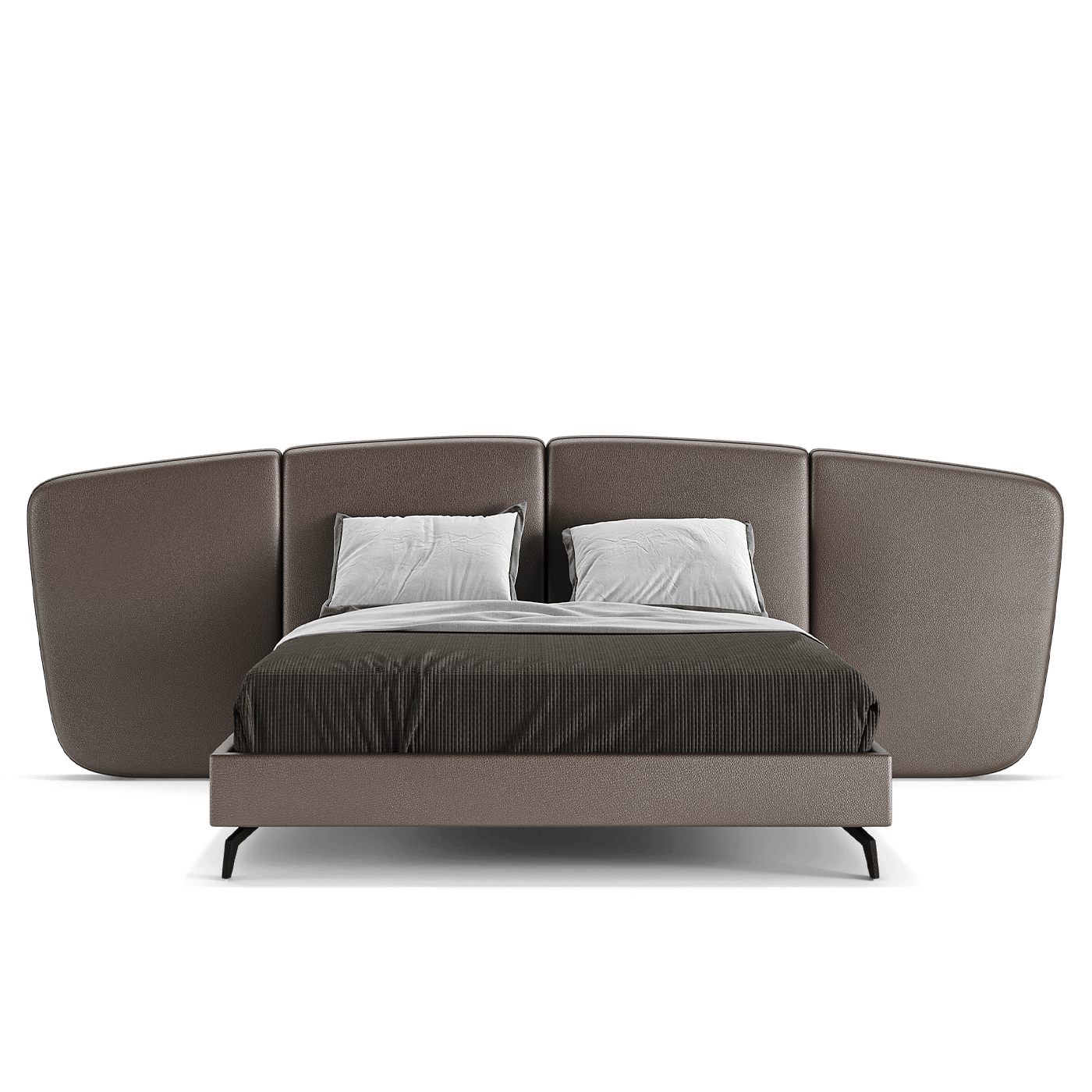 an elegant italian modern bed with stylish headboard with 4 vertical patterns, round edges, thin black legs, available in marbella, fuengirola, gibraltar, malaga, estepona, etc.