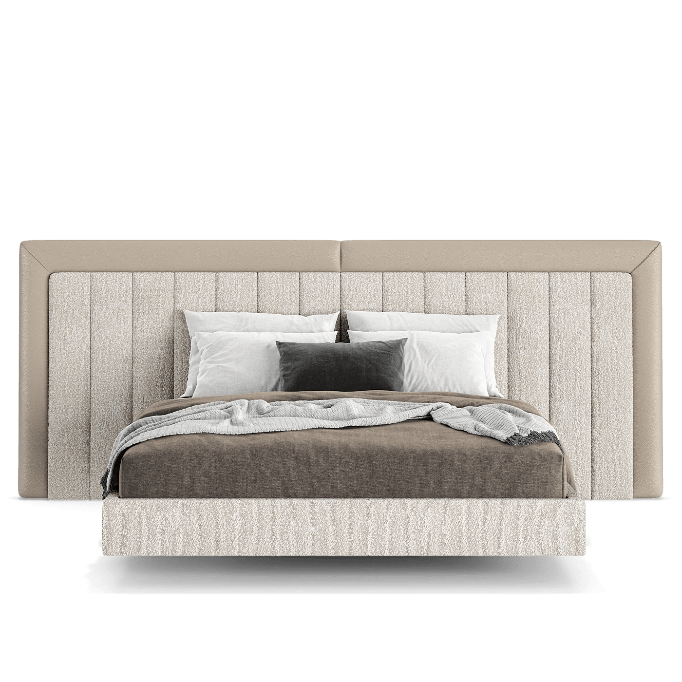 an elegant italian beige modern bed with stylish headboard sectioned in different vertical pieces, bed base included, available in marbella, fuengirola, gibraltar, malaga, estepona, etc