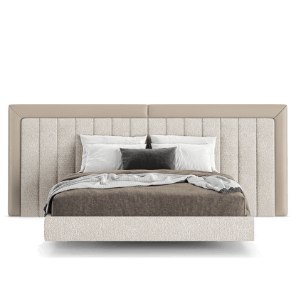 an elegant italian beige modern bed with stylish headboard sectioned in different vertical pieces, bed base included, available in marbella, fuengirola, gibraltar, malaga, estepona, etc