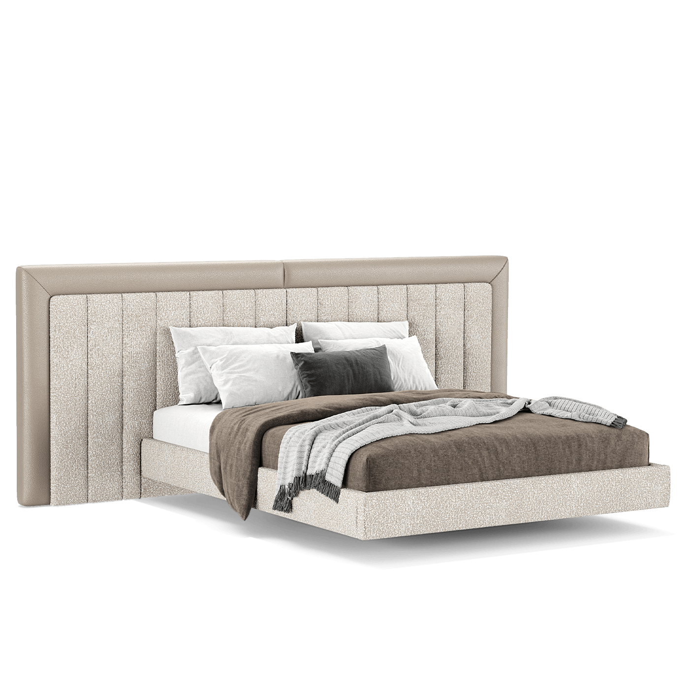 an elegant italian beige modern bed with stylish headboard sectioned in different vertical pieces, bed base included, available in marbella, fuengirola, gibraltar, malaga, estepona, etc