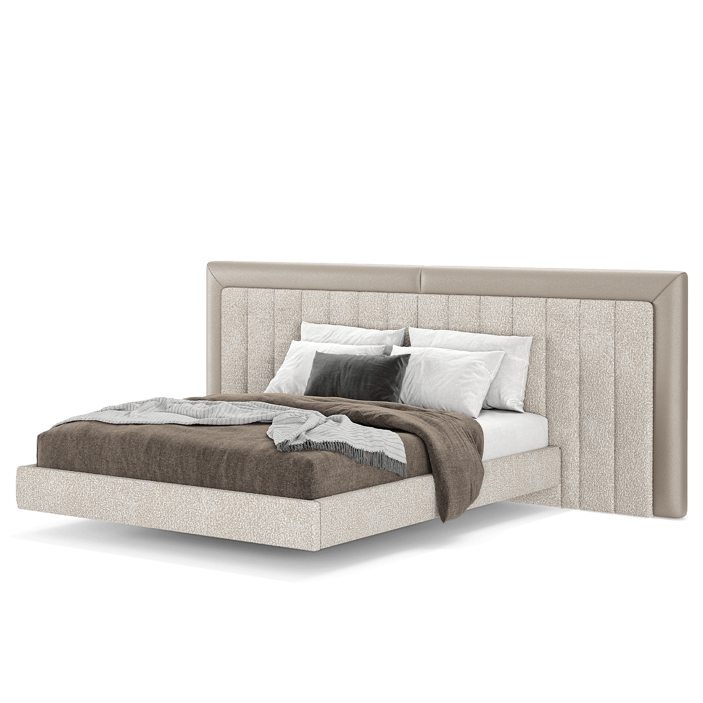 an elegant italian beige modern bed with stylish headboard sectioned in different vertical pieces, bed base included, available in marbella, fuengirola, gibraltar, malaga, estepona, etc