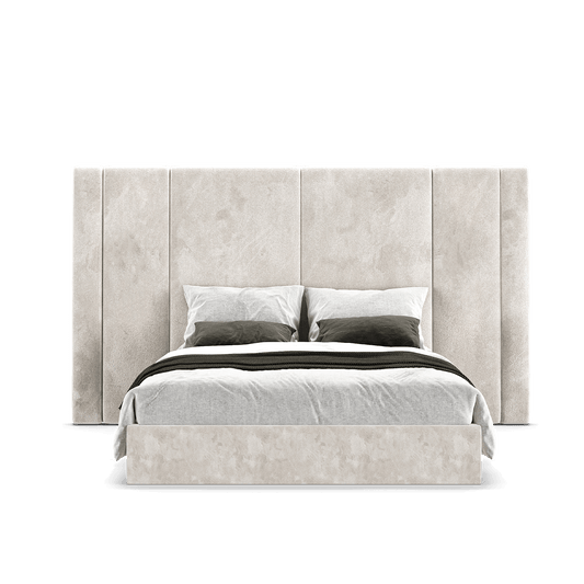 elegant italian beige modern bed with stylish headboard with vertical pieces, bed base included, available in marbella, fuengirola, gibraltar, malaga, estepona, etc