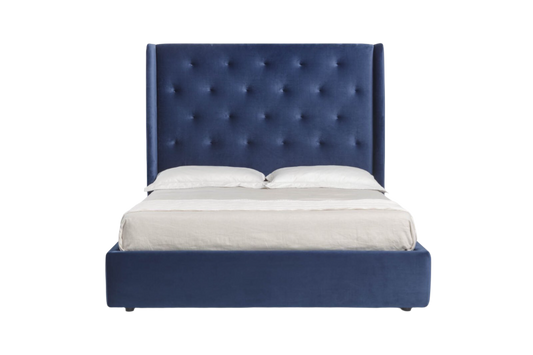 an elegant italian blue modern bed with stylish tall headboard, bed base included, available in marbella, fuengirola, gibraltar, malaga, estepona, etc