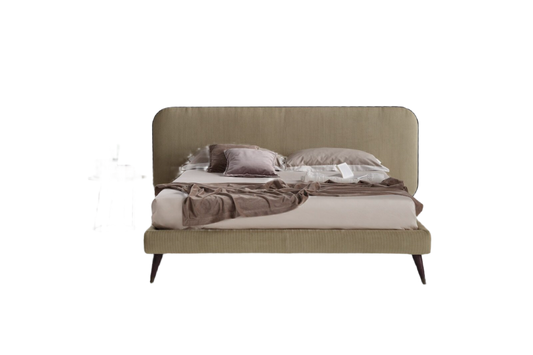 an elegant italian beige modern bed with stylish headboard with round edges and textured fabric, available in marbella, fuengirola, gibraltar, malaga, estepona, etc