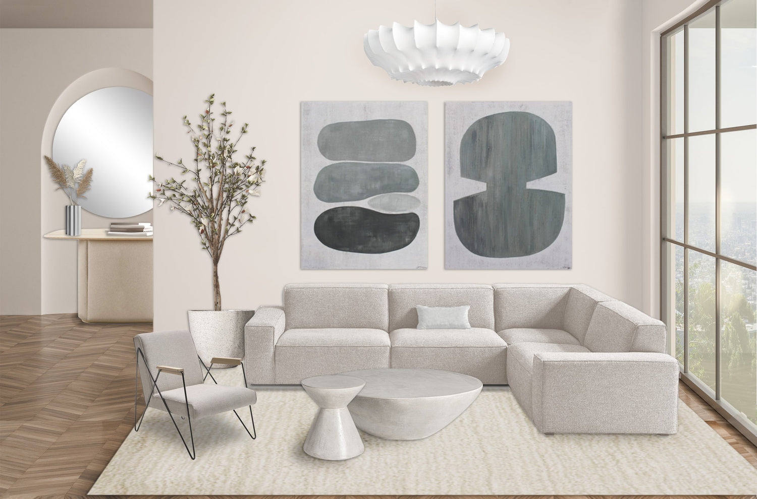 scandinavian interior design package with sofa, marble coffee table, beige rug, mirror, console, ceiling lamp and armchair available in cancelada, malaga, marbella, costa del sol, alcazaba.