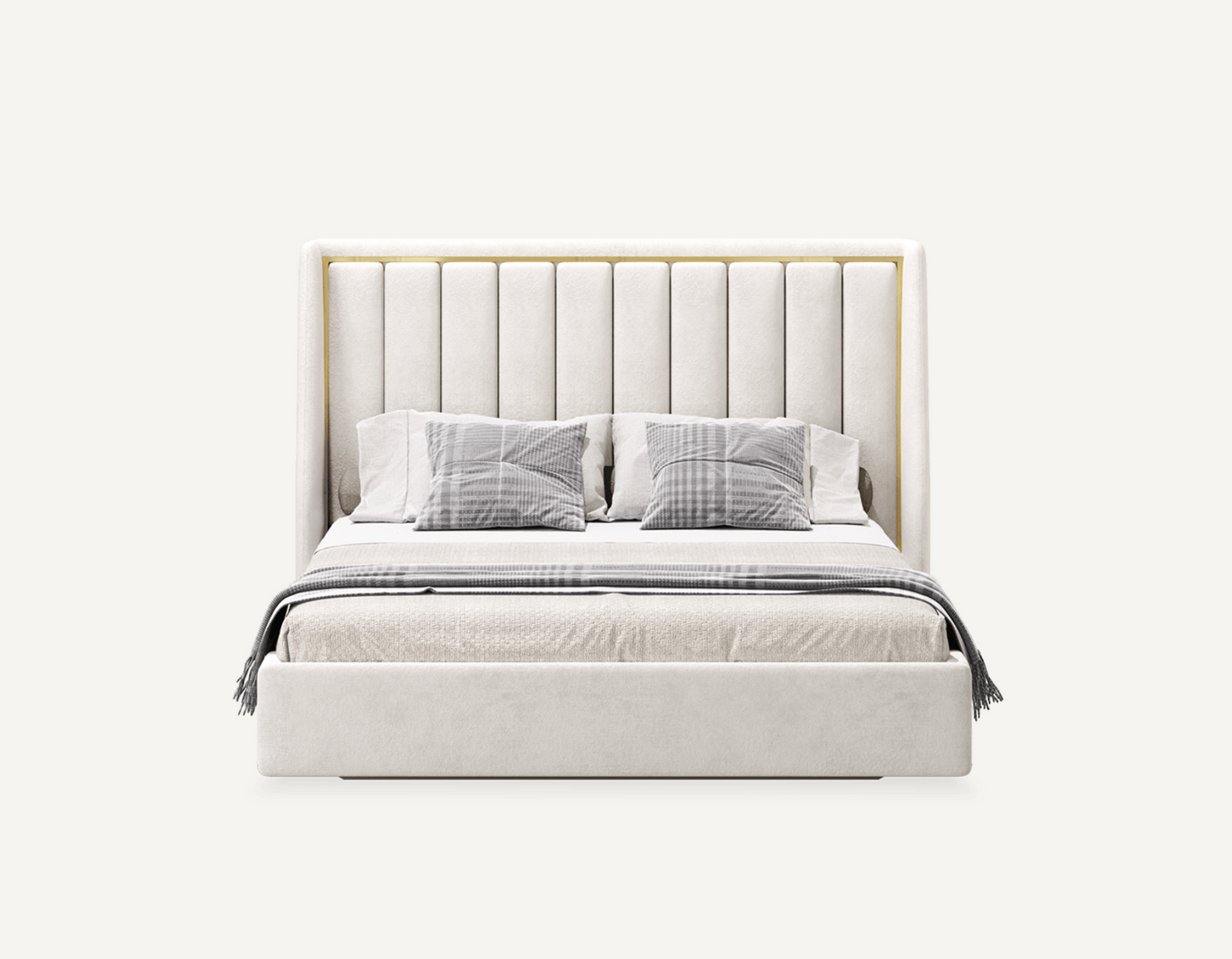 elegant italian cream modern bed with stylish headboard with horizontal patterns and golden piece around, bed base included, available in marbella, fuengirola, gibraltar, malaga, estepona, etc