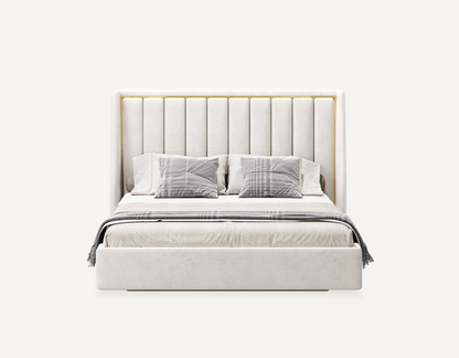 elegant italian cream modern bed with stylish headboard with horizontal patterns and golden piece around, bed base included, available in marbella, fuengirola, gibraltar, malaga, estepona, etc