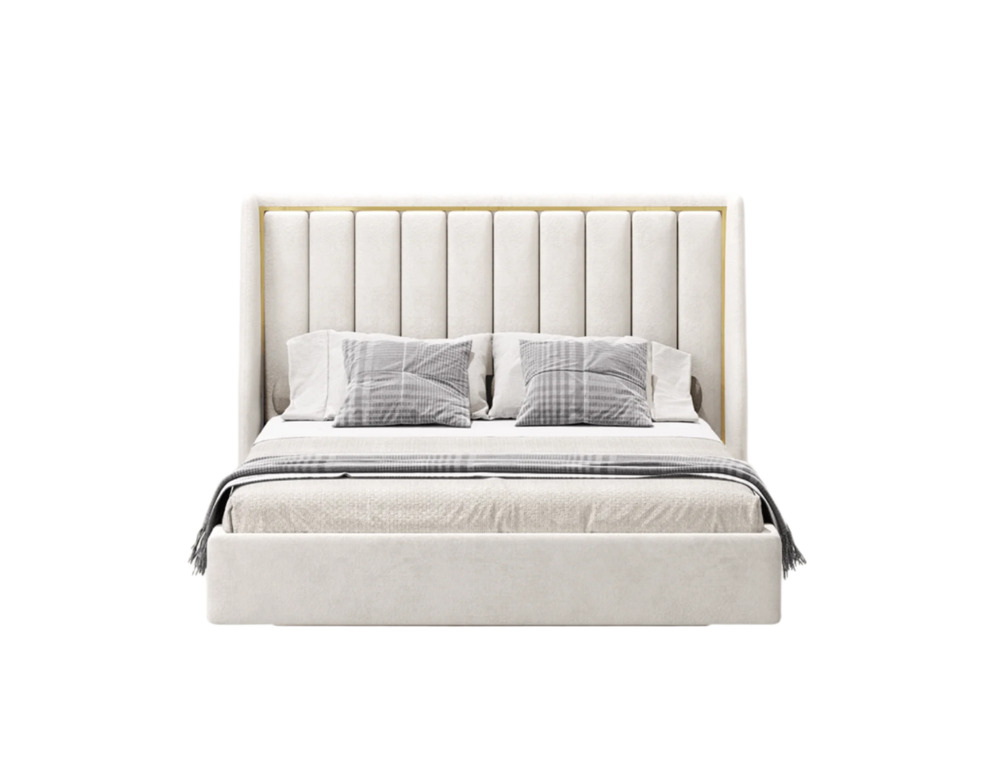 elegant italian cream modern bed with stylish headboard with horizontal patterns and golden piece around, bed base included, available in marbella, fuengirola, gibraltar, malaga, estepona, etc