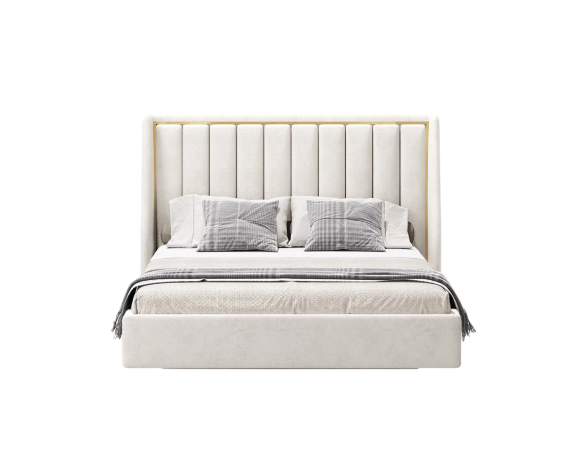 elegant italian cream modern bed with stylish headboard with horizontal patterns and golden piece around, bed base included, available in marbella, fuengirola, gibraltar, malaga, estepona, etc