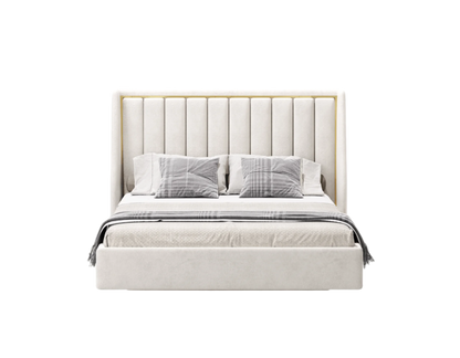 elegant italian cream modern bed with stylish headboard with horizontal patterns and golden piece around, bed base included, available in marbella, fuengirola, gibraltar, malaga, estepona, etc