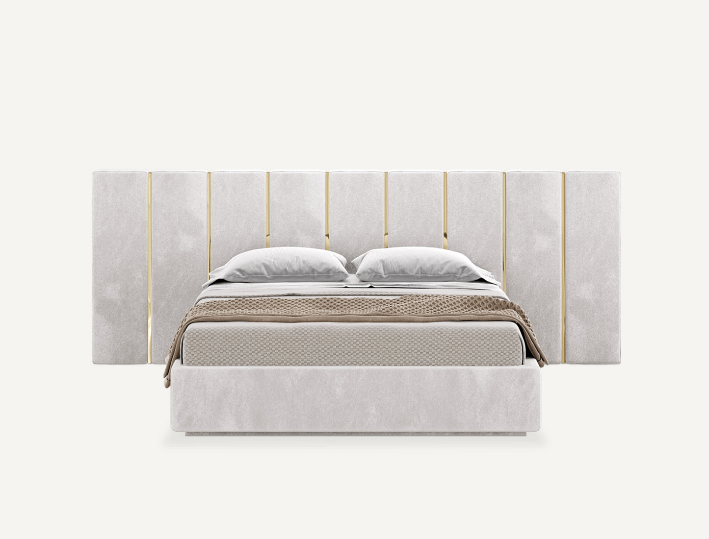 elegant italian modern bed with stylish headboard, VERTICAL PIECES AND GOLDEN PIECES, bed base included, available in marbella, fuengirola, gibraltar, malaga, estepona, etc