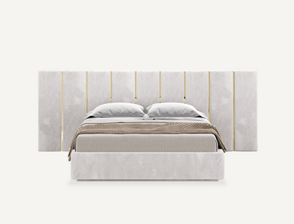 elegant italian modern bed with stylish headboard, VERTICAL PIECES AND GOLDEN PIECES, bed base included, available in marbella, fuengirola, gibraltar, malaga, estepona, etc