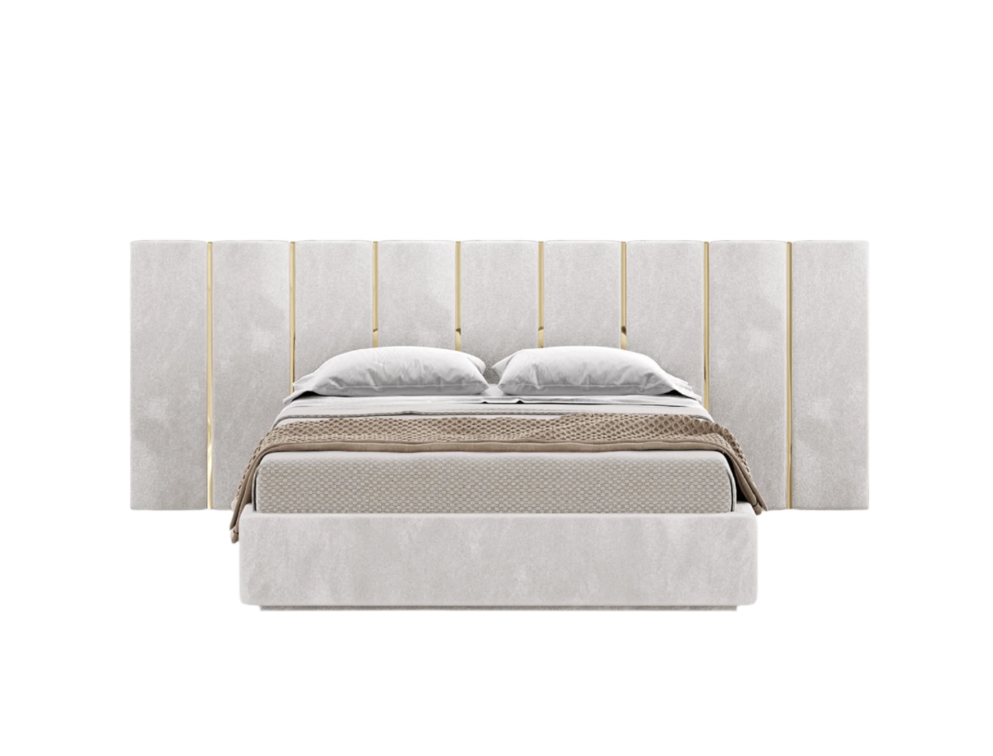 elegant italian modern bed with stylish headboard, VERTICAL PIECES AND GOLDEN PIECES, bed base included, available in marbella, fuengirola, gibraltar, malaga, estepona, etc