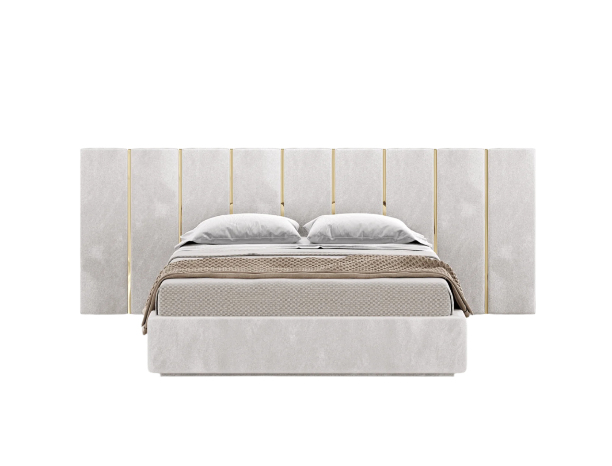 elegant italian modern bed with stylish headboard, VERTICAL PIECES AND GOLDEN PIECES, bed base included, available in marbella, fuengirola, gibraltar, malaga, estepona, etc