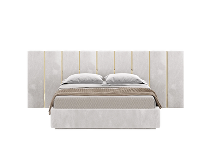 elegant italian modern bed with stylish headboard, VERTICAL PIECES AND GOLDEN PIECES, bed base included, available in marbella, fuengirola, gibraltar, malaga, estepona, etc