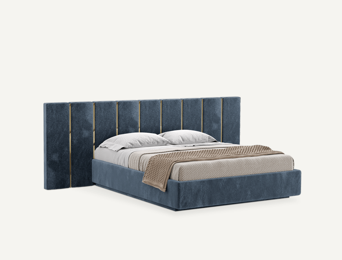 elegant italian modern bed with stylish headboard, VERTICAL PIECES AND GOLDEN PIECES, bed base included, available in marbella, fuengirola, gibraltar, malaga, estepona, etc