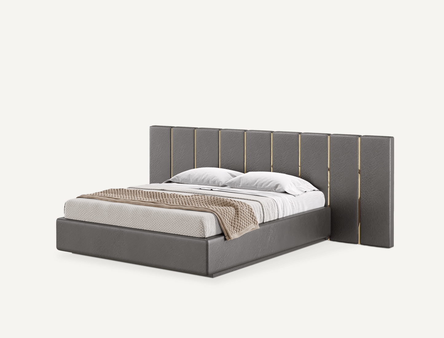 elegant italian modern bed with stylish headboard, VERTICAL PIECES AND GOLDEN PIECES, bed base included, available in marbella, fuengirola, gibraltar, malaga, estepona, etc