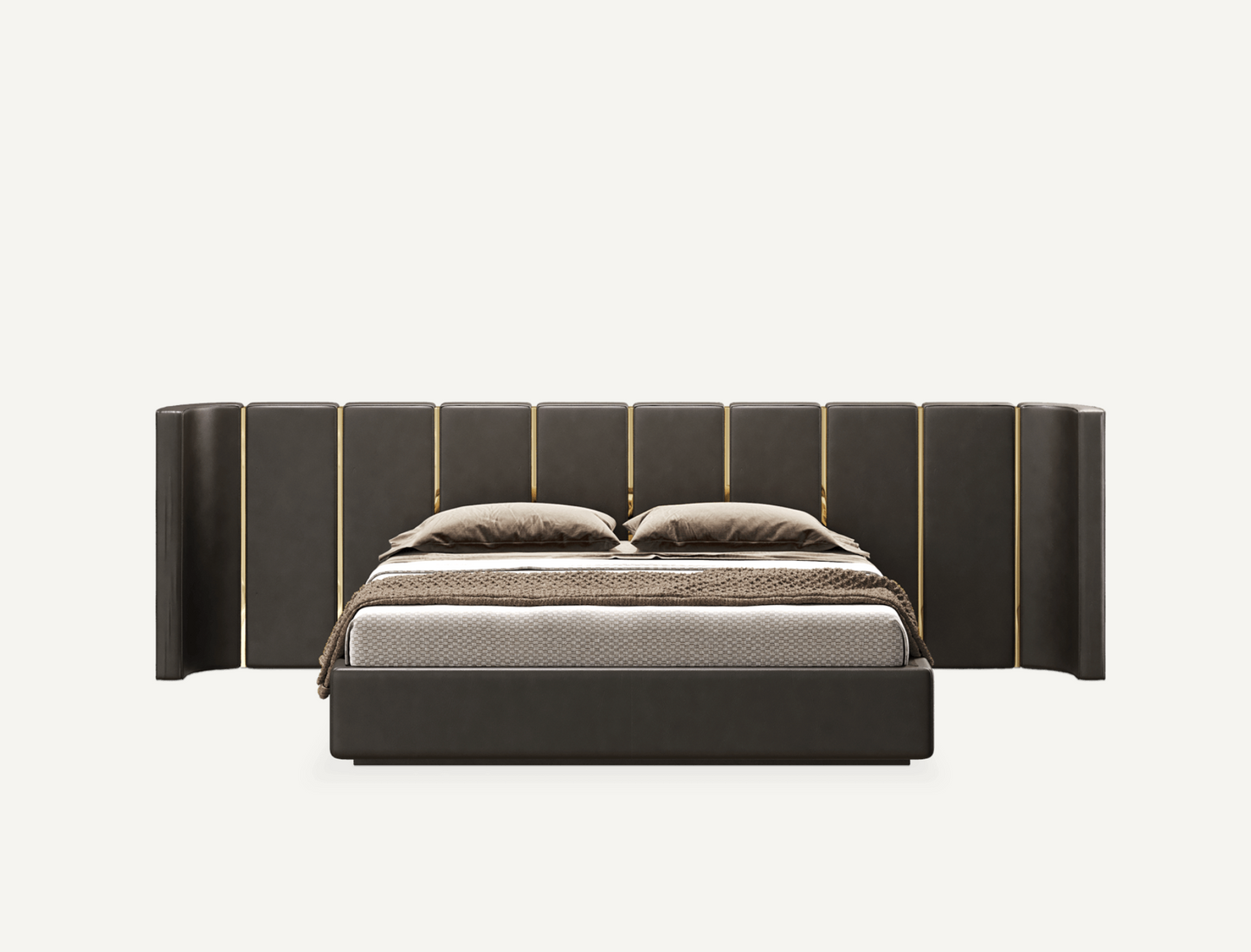 elegant italian modern bed with stylish long headboard with vertical pieces and golden pieces, bed base included, available in marbella, fuengirola, gibraltar, malaga, estepona, etc