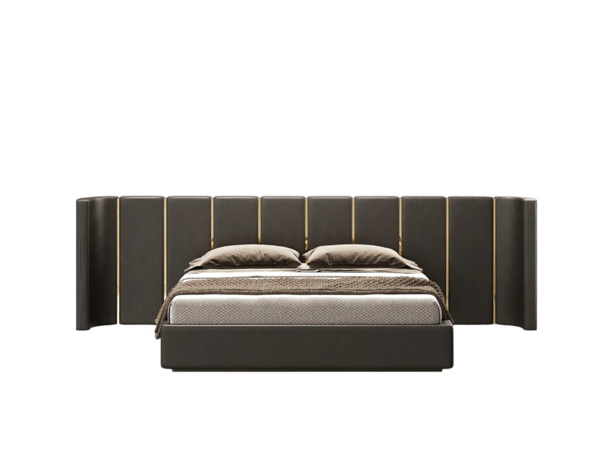 elegant italian modern bed with stylish long headboard with vertical pieces and golden pieces, bed base included, available in marbella, fuengirola, gibraltar, malaga, estepona, etc