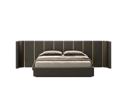 elegant italian modern bed with stylish long headboard with vertical pieces and golden pieces, bed base included, available in marbella, fuengirola, gibraltar, malaga, estepona, etc