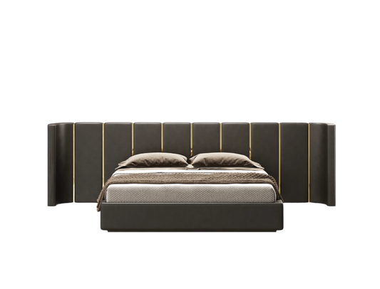 elegant italian modern bed with stylish long headboard with vertical pieces and golden pieces, bed base included, available in marbella, fuengirola, gibraltar, malaga, estepona, etc