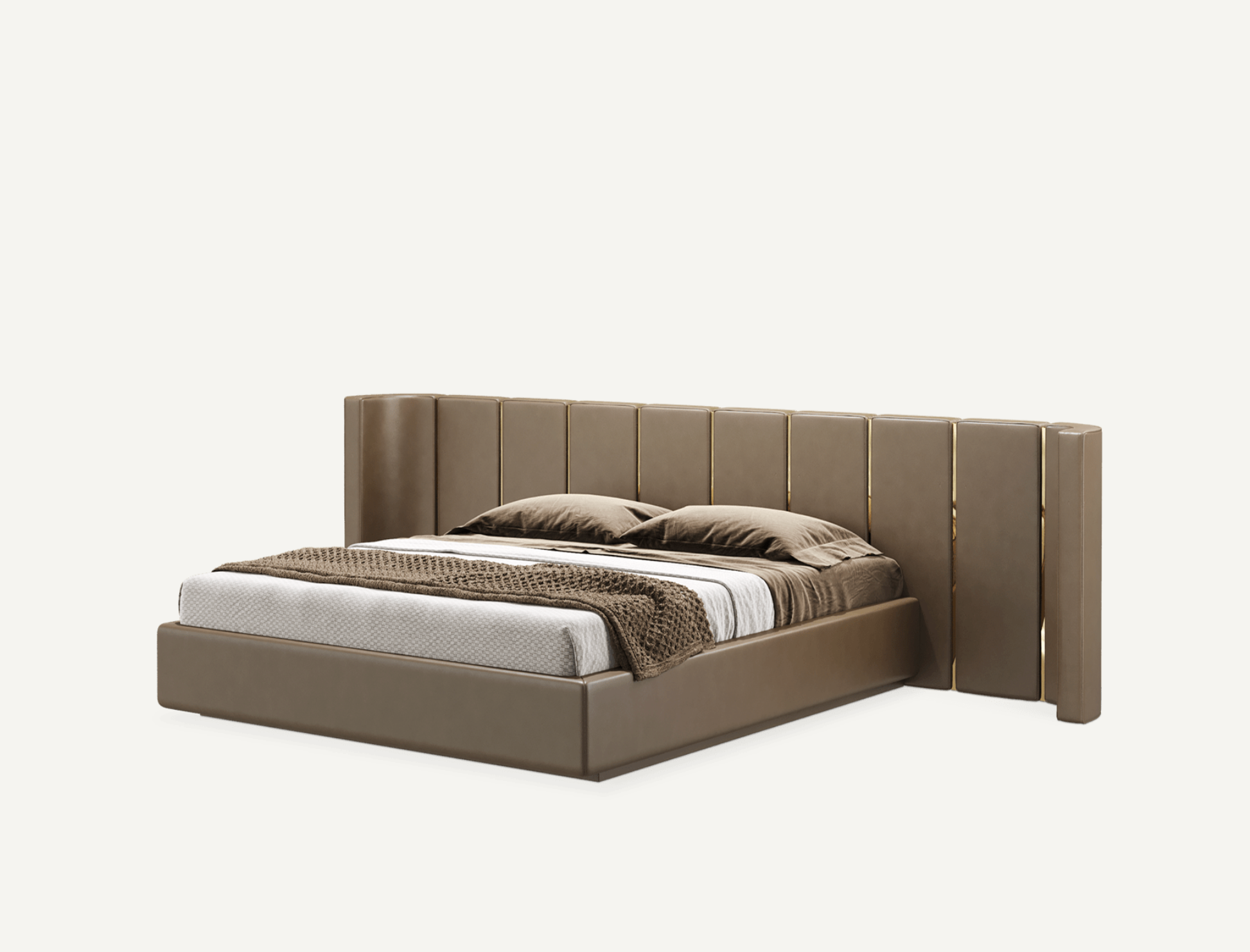 elegant italian modern bed with stylish long headboard with vertical pieces and golden pieces, bed base included, available in marbella, fuengirola, gibraltar, malaga, estepona, etc