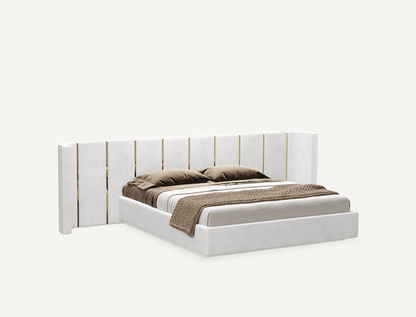 elegant italian modern bed with stylish long headboard with vertical pieces and golden pieces, bed base included, available in marbella, fuengirola, gibraltar, malaga, estepona, etc