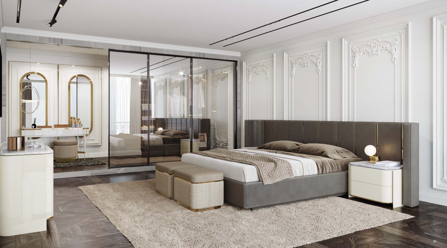 elegant italian modern bed with stylish long headboard with vertical pieces and golden pieces, bed base included, available in marbella, fuengirola, gibraltar, malaga, estepona, etc