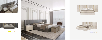 elegant italian modern bed with stylish long headboard with vertical pieces and golden pieces, bed base included, available in marbella, fuengirola, gibraltar, malaga, estepona, etc