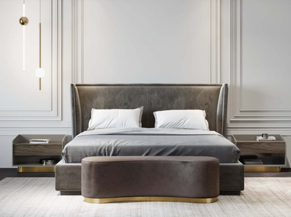 elegant italian brown modern bed with stylish headboard, bed base included, available in marbella, fuengirola, gibraltar, malaga, estepona, etc