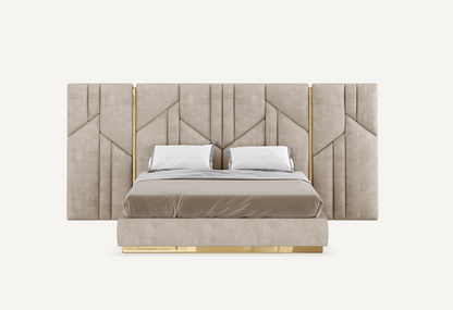 elegant italian beige modern bed with stylish headboard with elegant patterns and golden pieces, bed base included, available in marbella, fuengirola, gibraltar, malaga, estepona, etc