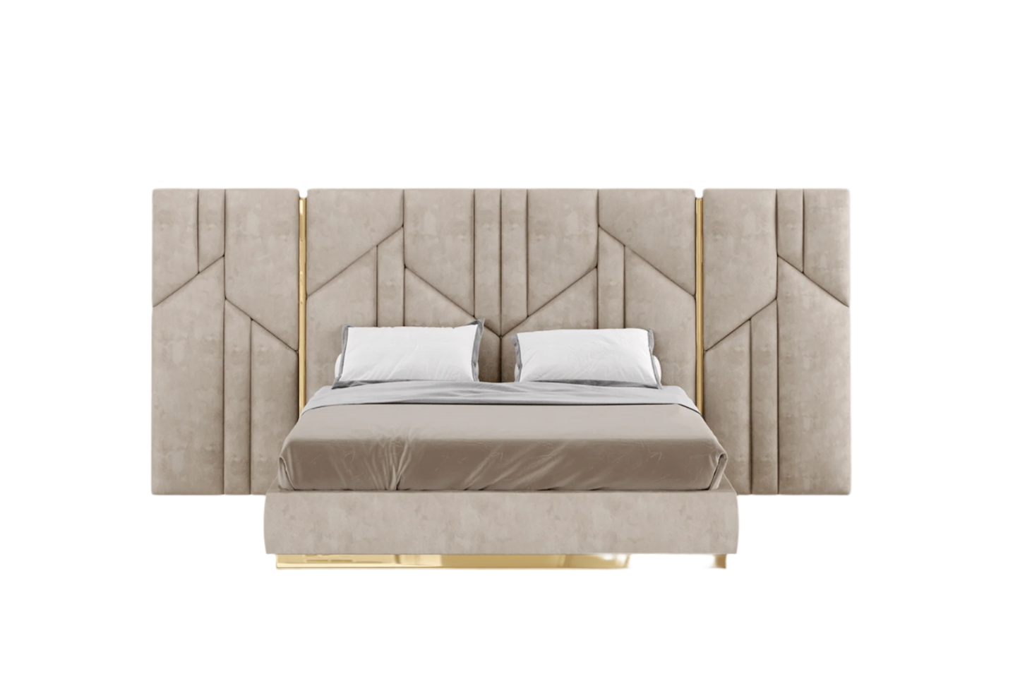 elegant italian beige modern bed with stylish headboard with elegant patterns and golden pieces, bed base included, available in marbella, fuengirola, gibraltar, malaga, estepona, etc