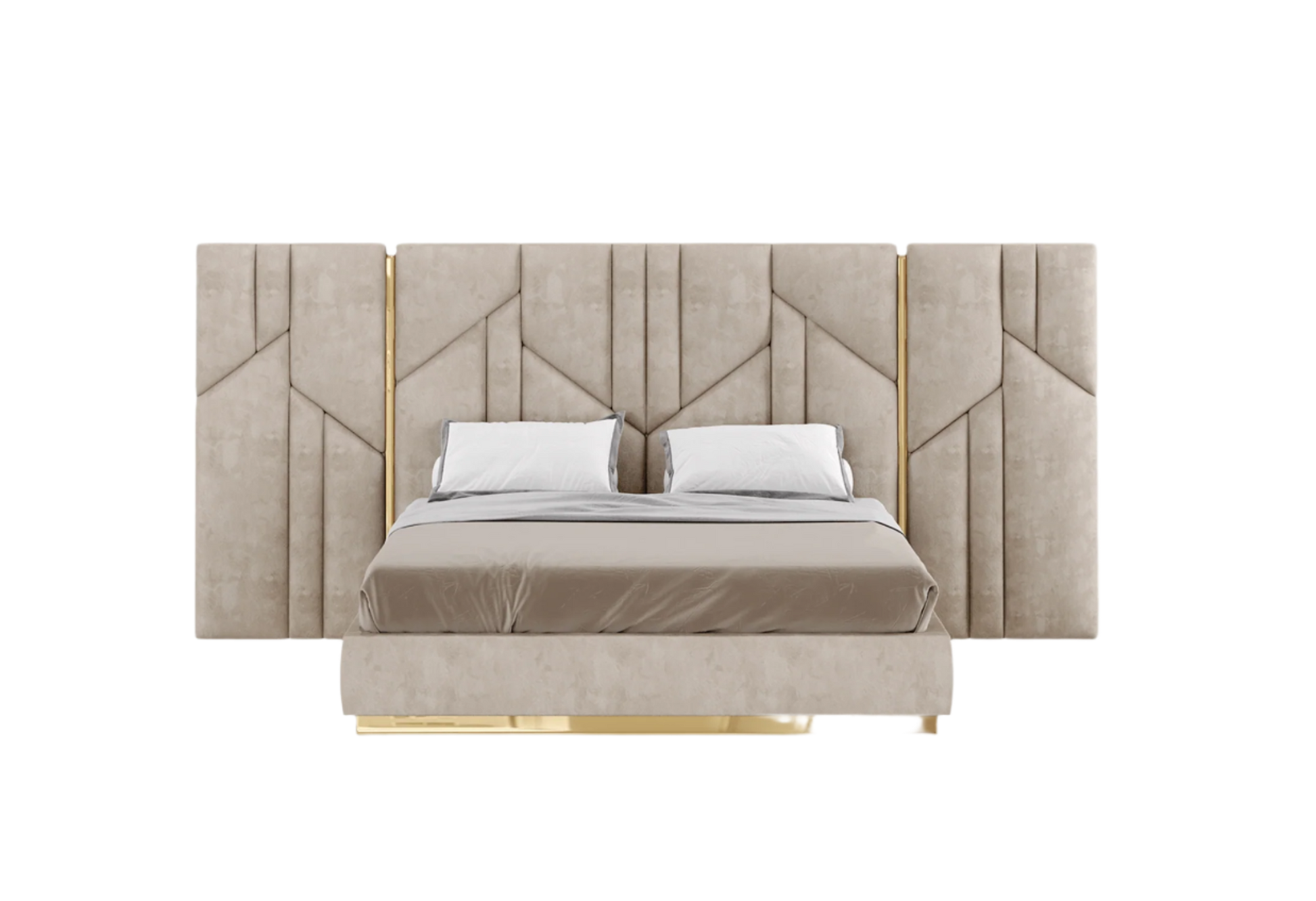 elegant italian beige modern bed with stylish headboard with elegant patterns and golden pieces, bed base included, available in marbella, fuengirola, gibraltar, malaga, estepona, etc