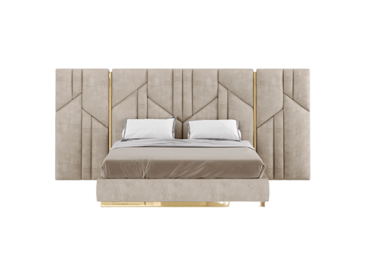 elegant italian beige modern bed with stylish headboard with elegant patterns and golden pieces, bed base included, available in marbella, fuengirola, gibraltar, malaga, estepona, etc