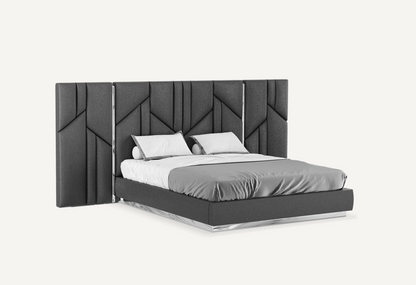 elegant italian black modern bed with stylish headboard with elegant patterns and golden pieces, bed base included, available in marbella, fuengirola, gibraltar, malaga, estepona, etc