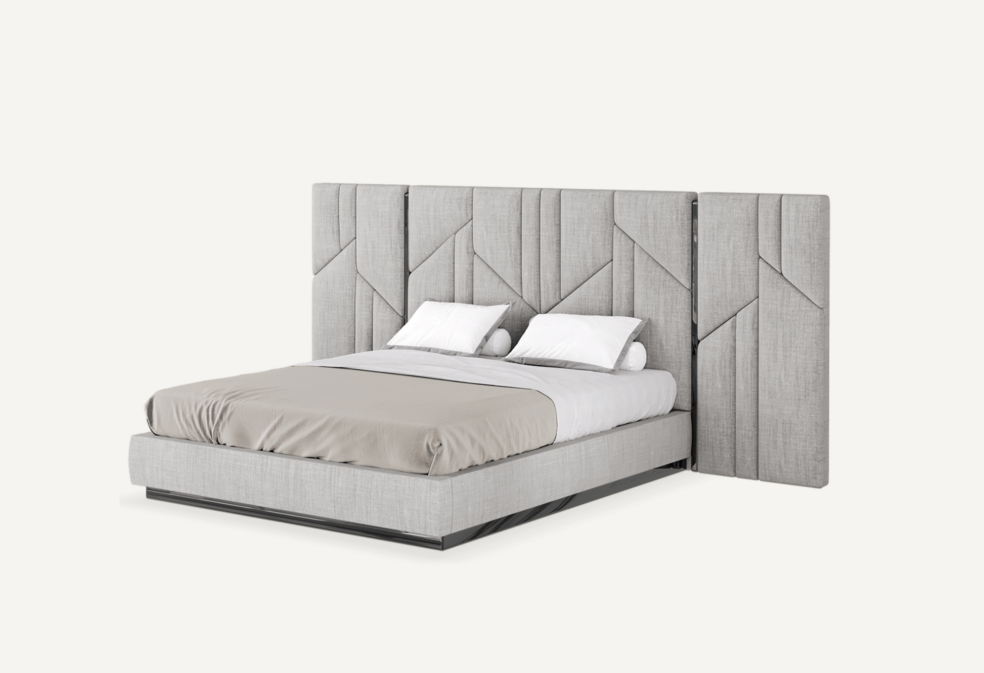 elegant italian grey modern bed with stylish headboard with elegant patterns and golden pieces, bed base included, available in marbella, fuengirola, gibraltar, malaga, estepona, etc