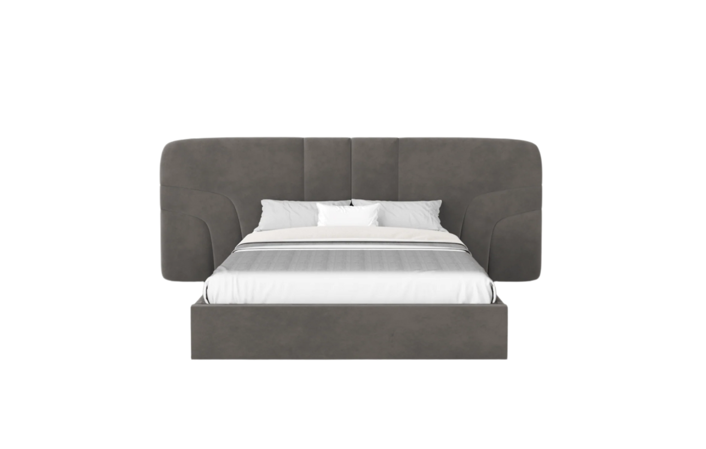 an elegant italian modern bed with stylish headboard with vertical and side patterns, round edges available in marbella, fuengirola, gibraltar, malaga, estepona, etc.