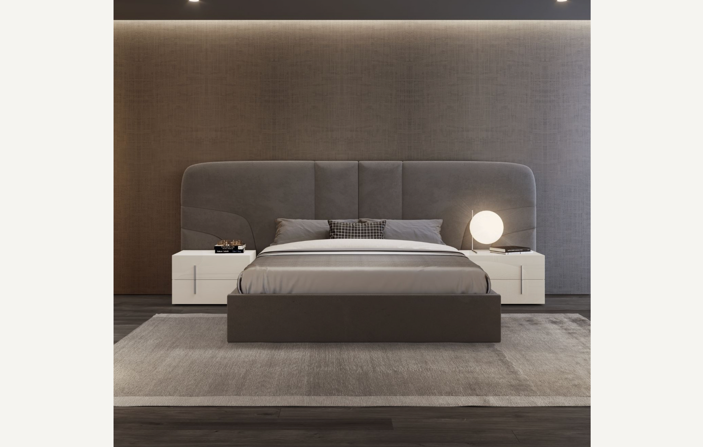 an elegant italian modern bed with stylish headboard with vertical and side patterns, round edges available in marbella, fuengirola, gibraltar, malaga, estepona, etc.