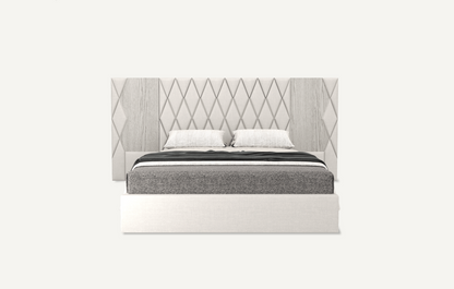 elegant italian white-grey modern bed with stylish headboard with diamond patterns, bed base included, available in marbella, fuengirola, gibraltar, malaga, estepona, etc