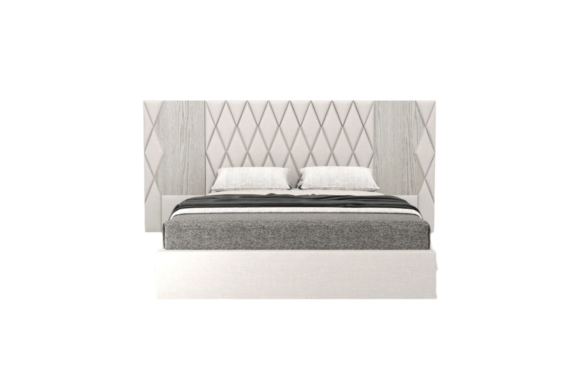 elegant italian white-grey modern bed with stylish headboard with diamond patterns, bed base included, available in marbella, fuengirola, gibraltar, malaga, estepona, etc