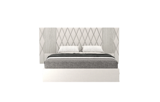 elegant italian white-grey modern bed with stylish headboard with diamond patterns, bed base included, available in marbella, fuengirola, gibraltar, malaga, estepona, etc