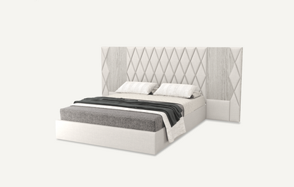 elegant italian white-grey modern bed with stylish headboard with diamond patterns, bed base included, available in marbella, fuengirola, gibraltar, malaga, estepona, etc