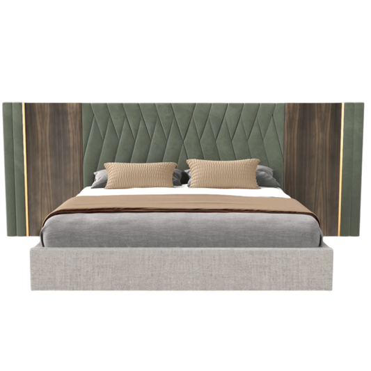 elegant italian modern bed with stylish headboard with triangular patterns and wooden pieces, bed base included, available in marbella, fuengirola, gibraltar, malaga, estepona, etc