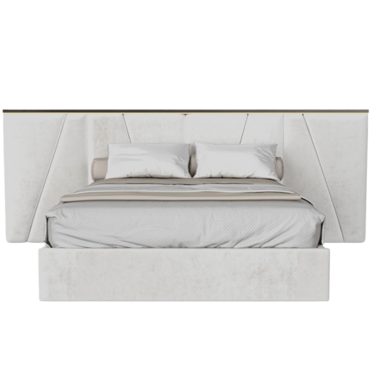 an elegant italian white modern bed with stylish headboard sectioned in different pieces, bed base included, led lights, available in marbella, fuengirola, gibraltar, malaga, estepona, etc