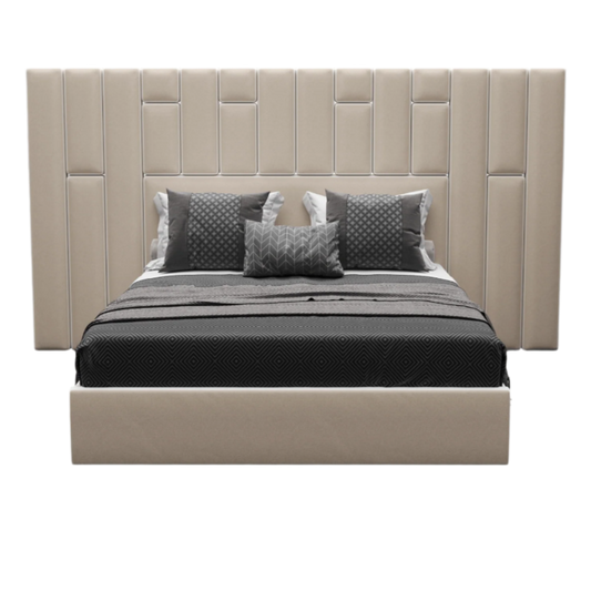 elegant italian beige modern bed with stylish headboard with vertical pieces, bed base included, available in marbella, fuengirola, gibraltar, malaga, estepona, etc