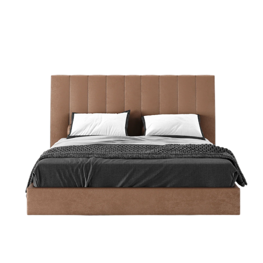 an elegant italian modern bed with stylish headboard with 9 vertical rectangular sections, available in marbella, fuengirola, gibraltar, malaga, estepona, etc