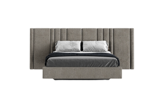 an elegant italian white modern bed with stylish headboard sectioned in different vertical pieces, bed base included, available in marbella, fuengirola, gibraltar, malaga, estepona, etc