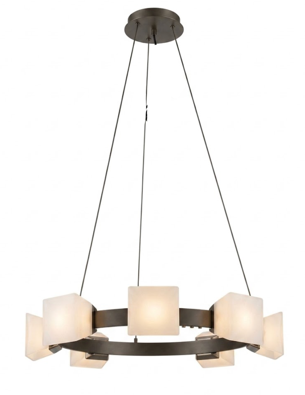 A modern six-light chandelier with a dark bronze circular metal frame and six square frosted glass shades, suspended by black cords from a matching circular ceiling canopy.