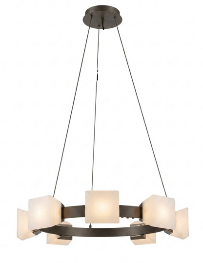 A modern six-light chandelier with a dark bronze circular metal frame and six square frosted glass shades, suspended by black cords from a matching circular ceiling canopy.