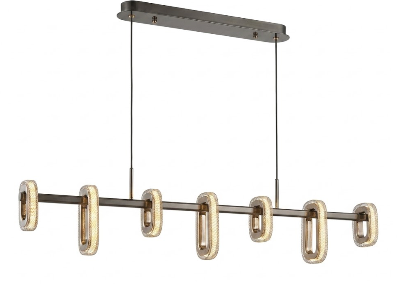 Modern linear chandelier with six elongated oval glass shades in a warm champagne-gold finish, suspended from a brushed metal bar with two thin cables.
